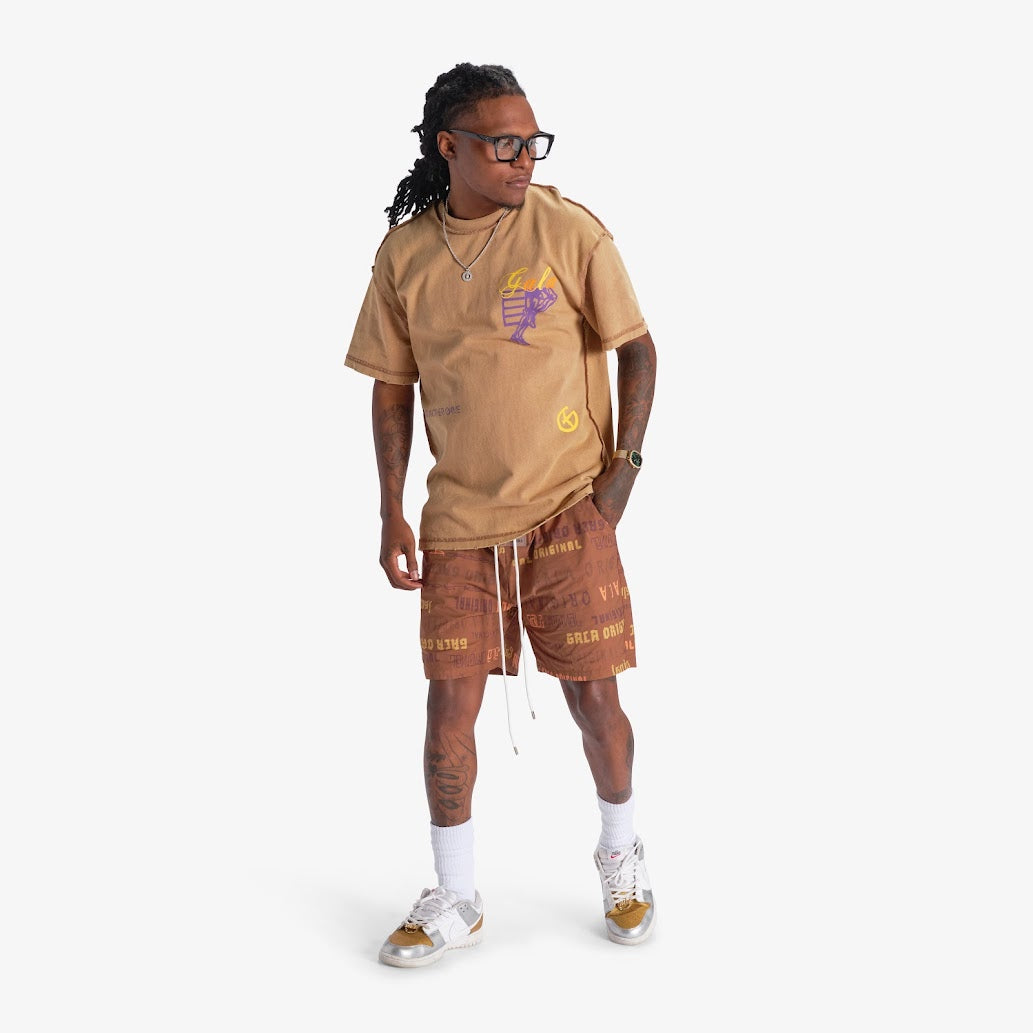 "LICORICE" POLYESTER SHORTS (BROWN PRINTED)